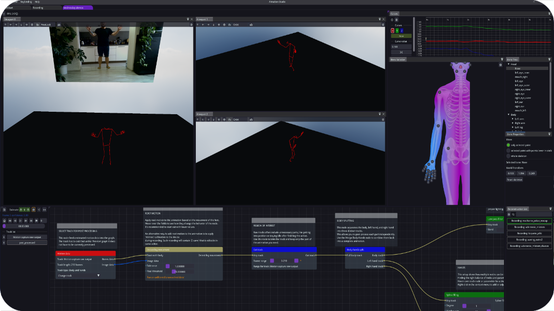 AImation Studio desktop workspace with camera recordings, tracked skeleton, bone selection and post-processing nodes